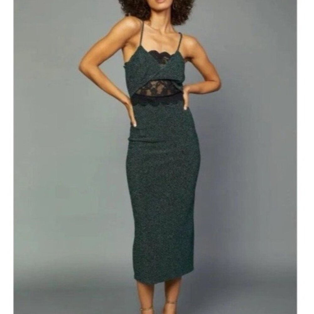 Current Air Midi Bodycon Slip Dress Large Emerald Green Black Stretch NEW